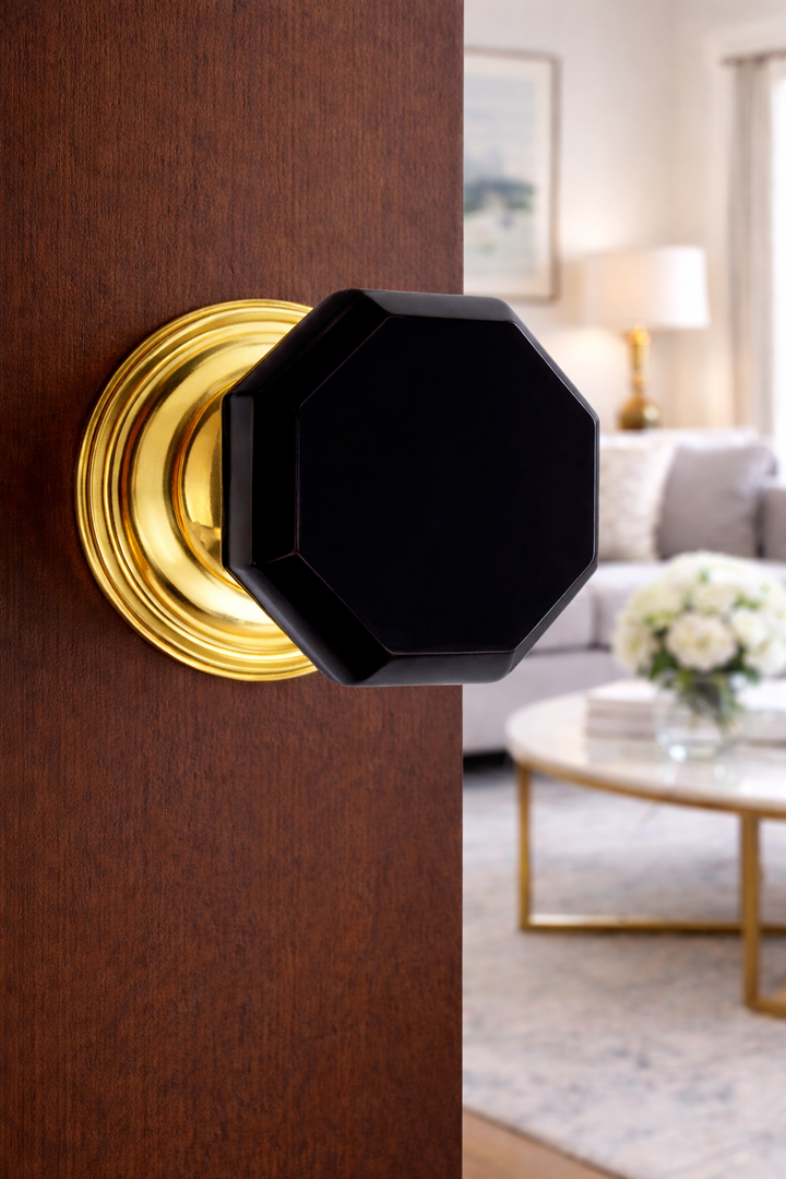 Traditional Rosette Door Set with Black Octagon Crystal Door Knobs (Several Finishes Available)