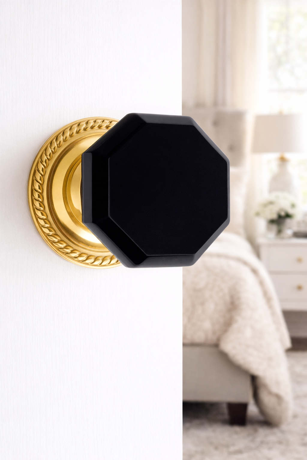 Georgian Roped Rosette with Black Octagon Crystal Door Knobs (Several Finishes Available)