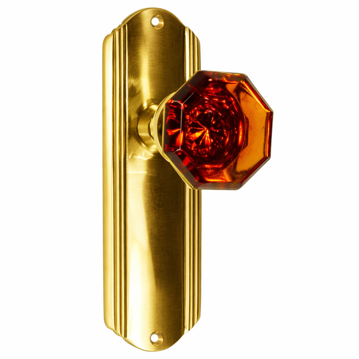 Art Deco Long Backplate Door Set with Octagon Amber Glass Door Knobs (Several Finishes Available)