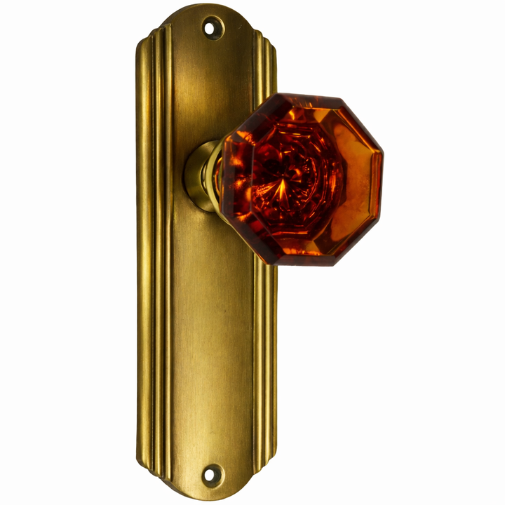 Art Deco Long Backplate Door Set with Octagon Amber Glass Door Knobs (Several Finishes Available)