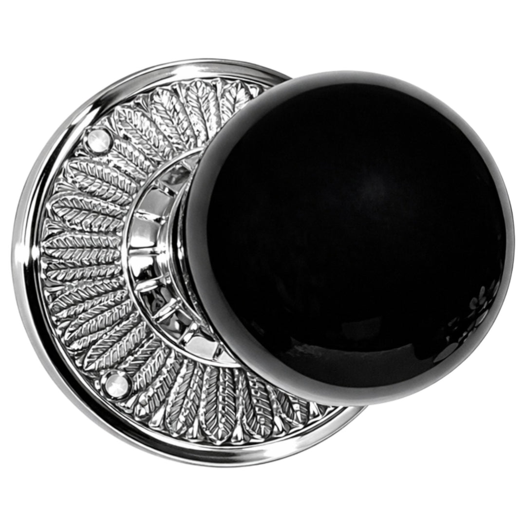 Feather Rosette Door Set with Black Porcelain Door Knobs (Several Finishes Available)