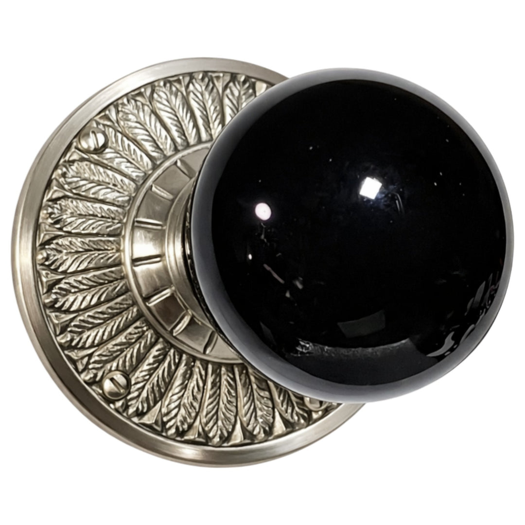 Feather Rosette Door Set with Black Porcelain Door Knobs (Several Finishes Available)