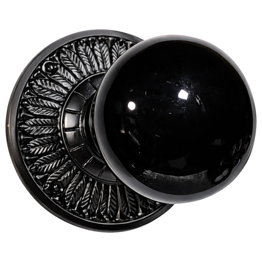 Feather Rosette Door Set with Black Porcelain Door Knobs (Several Finishes Available)