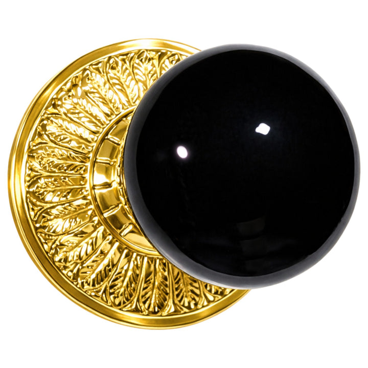 Feather Rosette Door Set with Black Porcelain Door Knobs (Several Finishes Available)