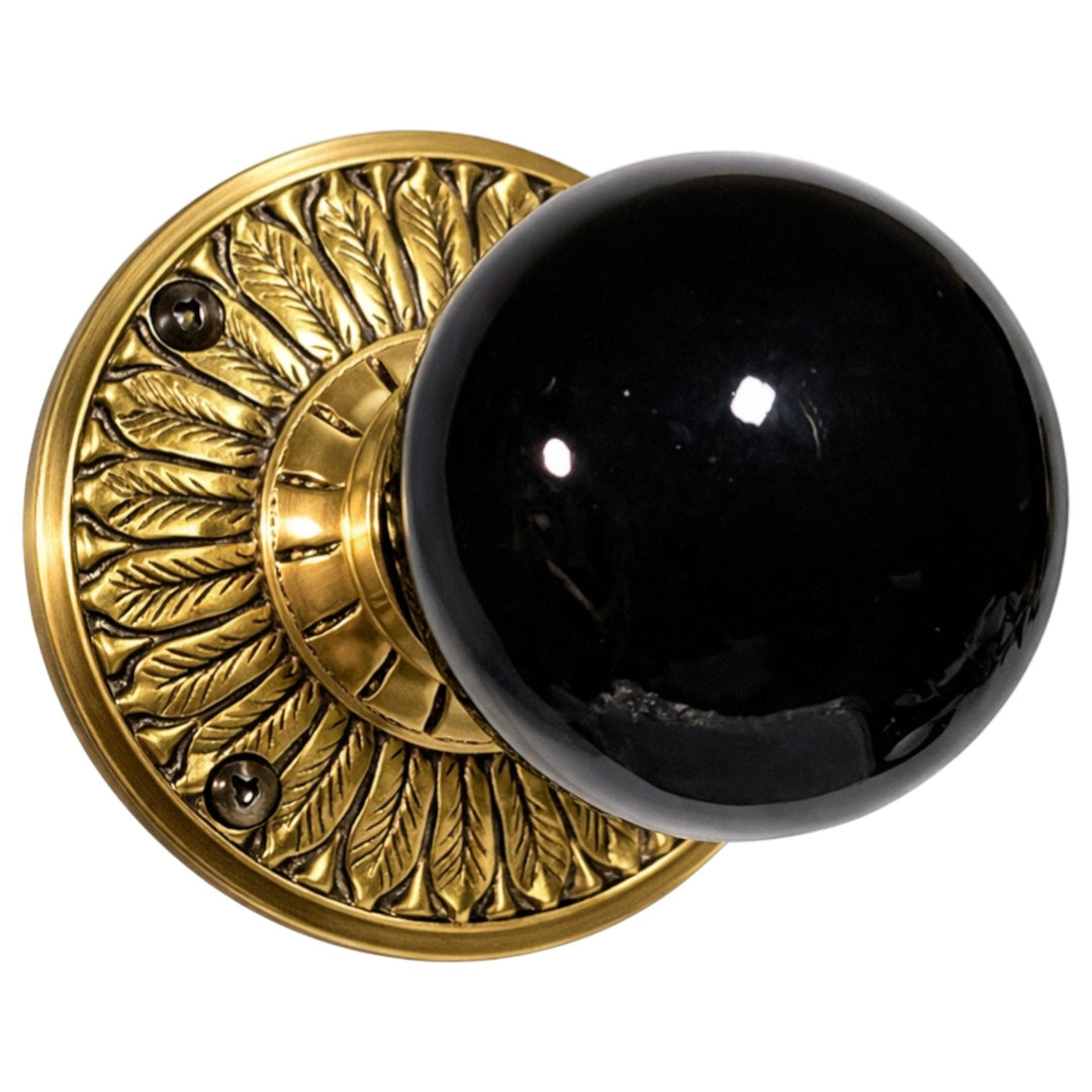 Feather Rosette Door Set with Black Porcelain Door Knobs (Several Finishes Available)