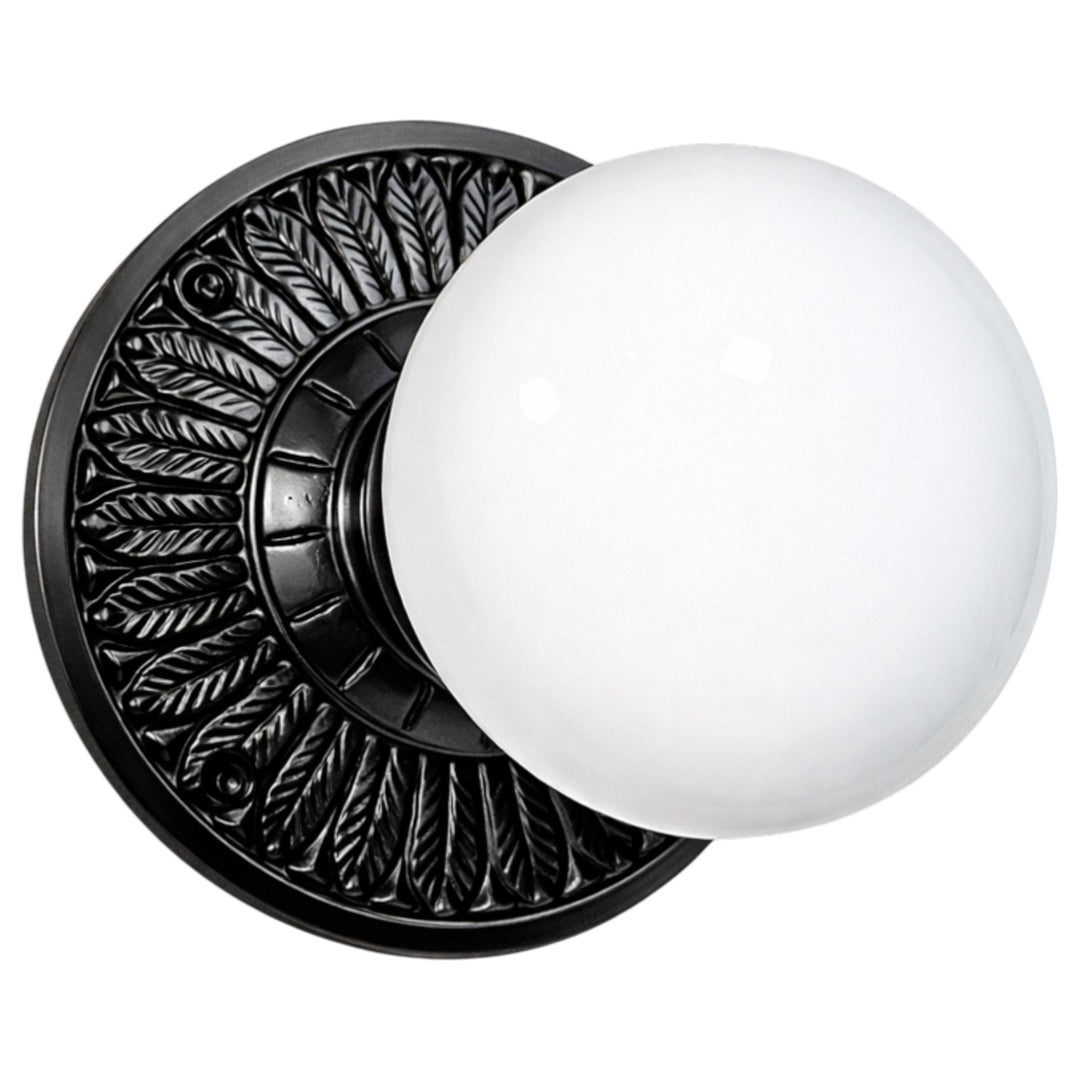 Feather Rosette Door Set with White Porcelain Door Knobs (Several Finishes Available)