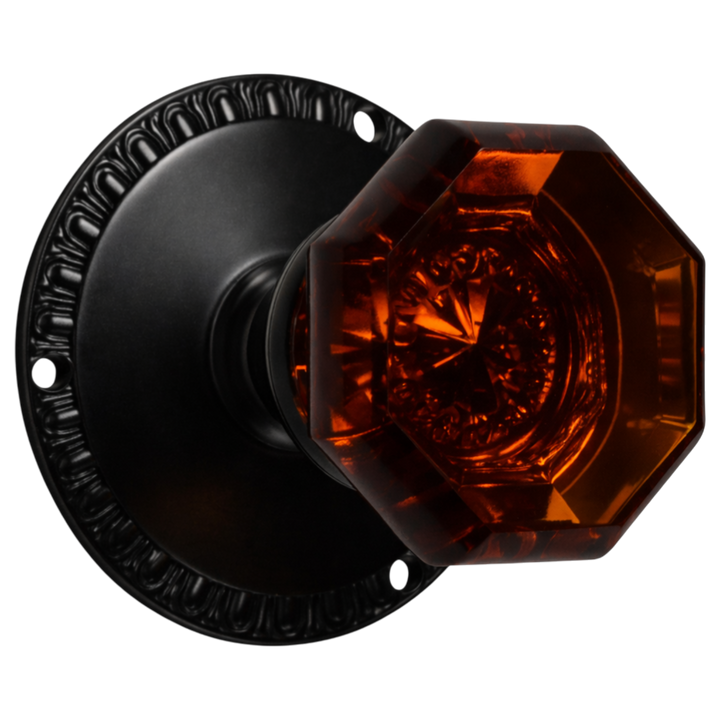 Traditional Amber Glass Door Knob and Egg & Dart Solid Brass Rosette (Several Finishes Available)