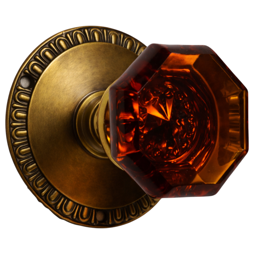 Traditional Amber Glass Door Knob and Egg & Dart Solid Brass Rosette (Several Finishes Available)