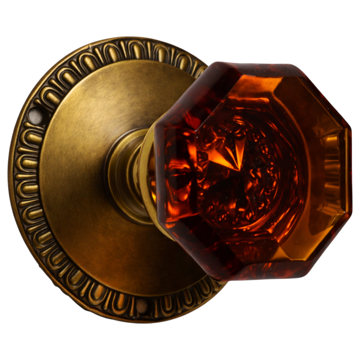 Traditional Amber Glass Door Knob and Egg & Dart Solid Brass Rosette (Several Finishes Available)