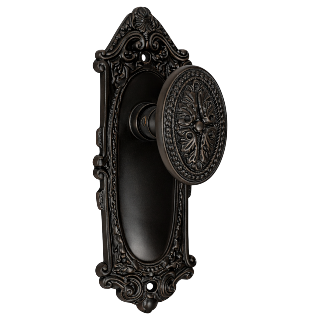 Ornate Victorian Long Backplate Door Set with Avalon Oval Door Knobs (Several Finishes Available)