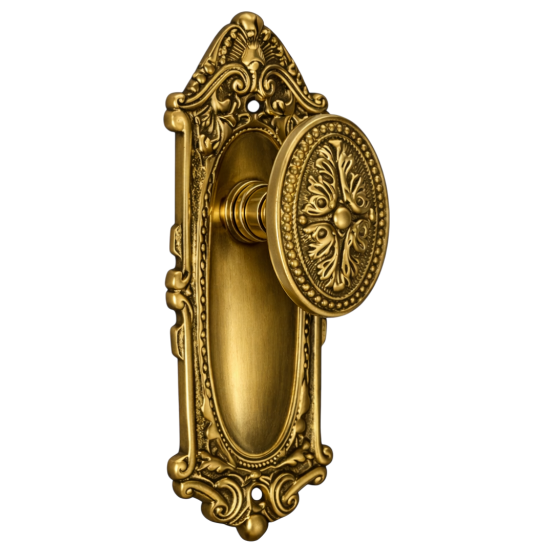 Ornate Victorian Long Backplate Door Set with Avalon Oval Door Knobs (Several Finishes Available)