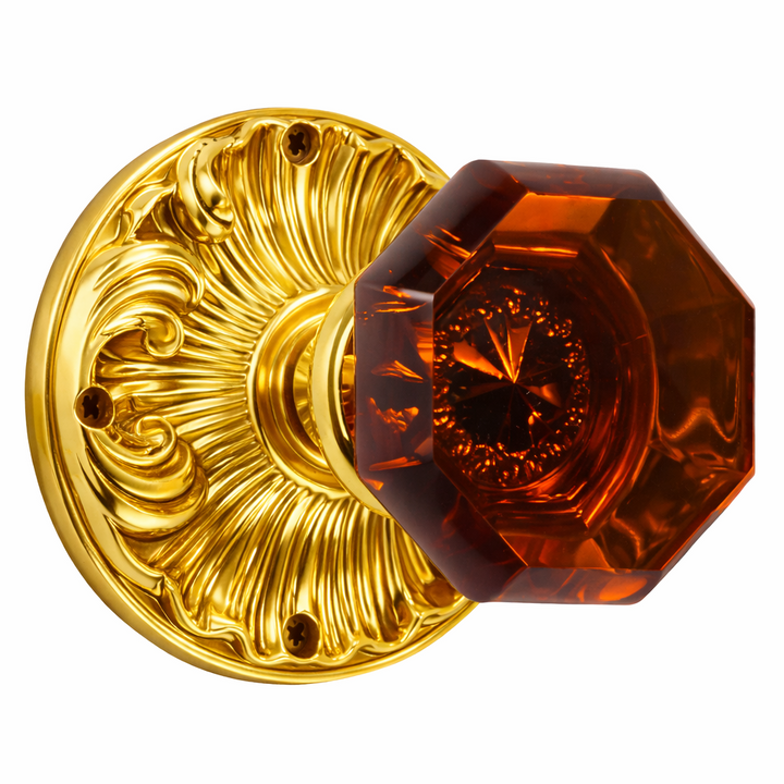 Romanesque Rosette Door Set with Octagon Amber Glass Door Knobs (Several Finishes Available)