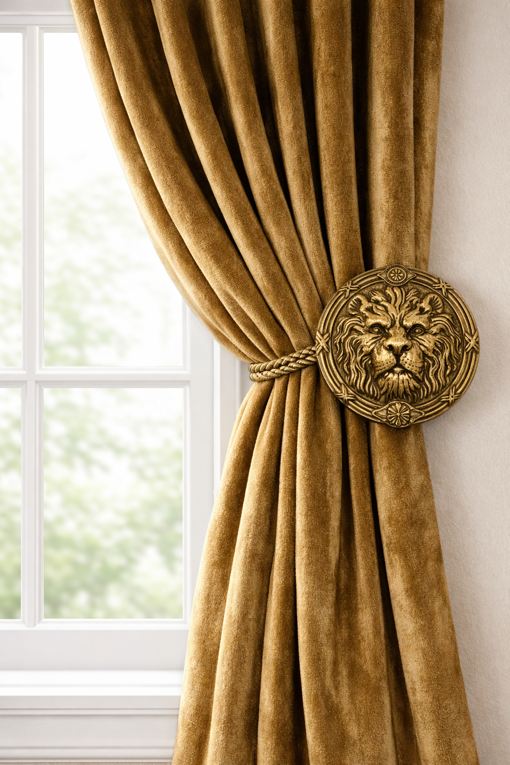 5 Inch Solid Brass Ribbon & Reed Lion Curtain Tie Back (Several Finishes Available)