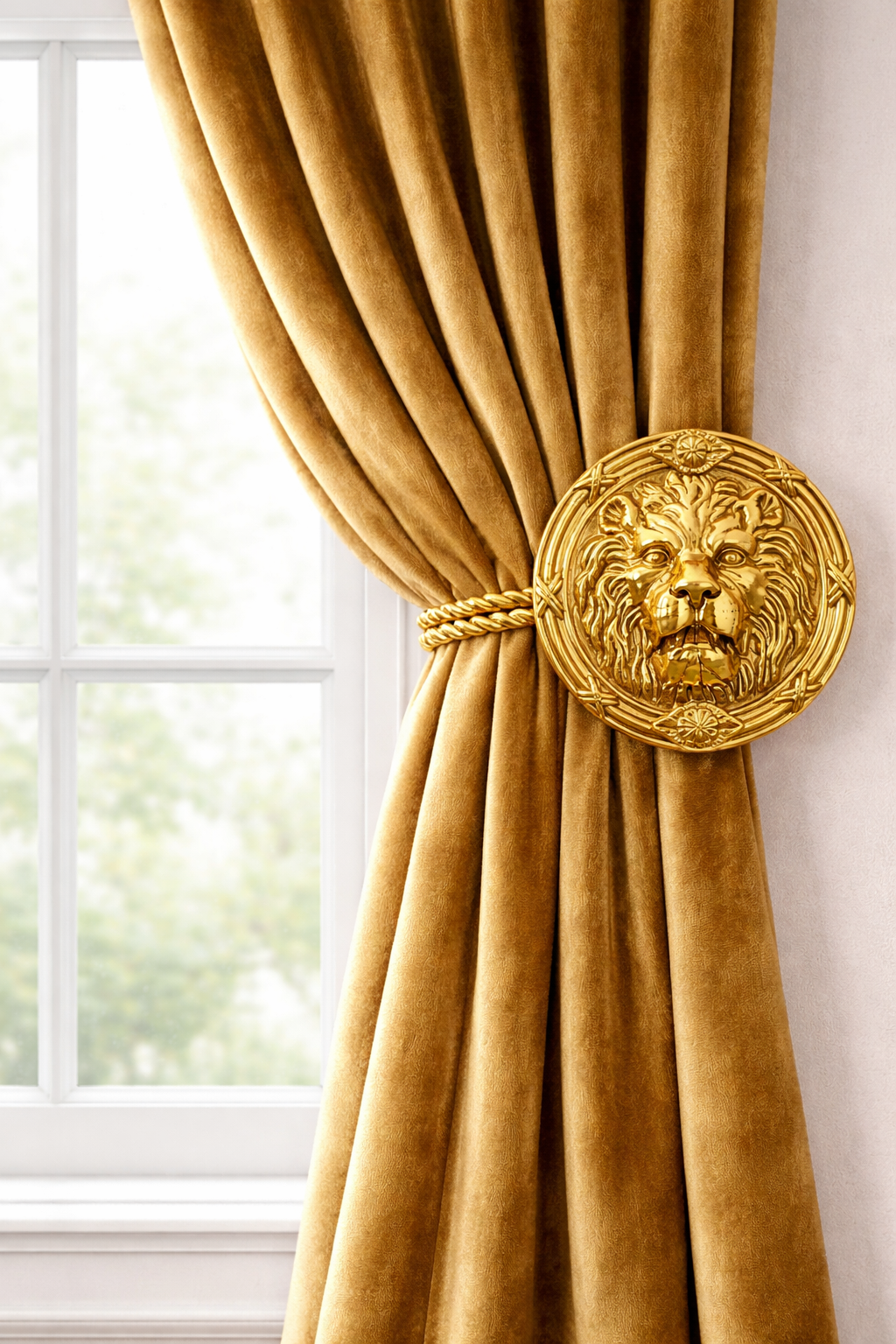 5 Inch Solid Brass Ribbon & Reed Lion Curtain Tie Back (Several Finishes Available)