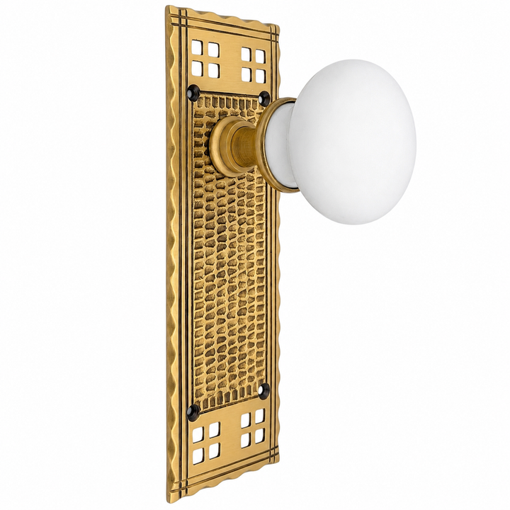 Arts & Crafts Backplate Door Set with White Porcelain Door Knobs (Several Finishes Available)