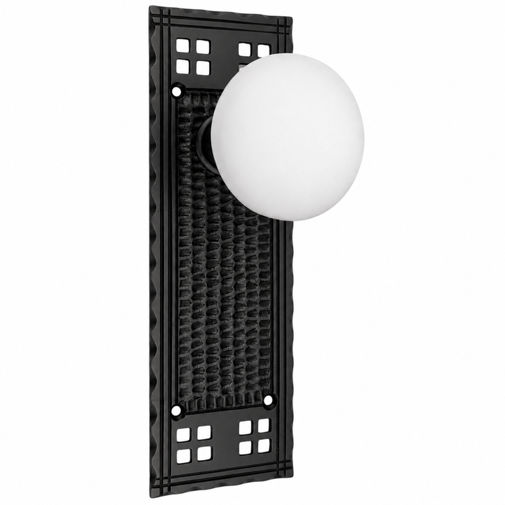 Arts & Crafts Backplate Door Set with White Porcelain Door Knobs (Several Finishes Available)