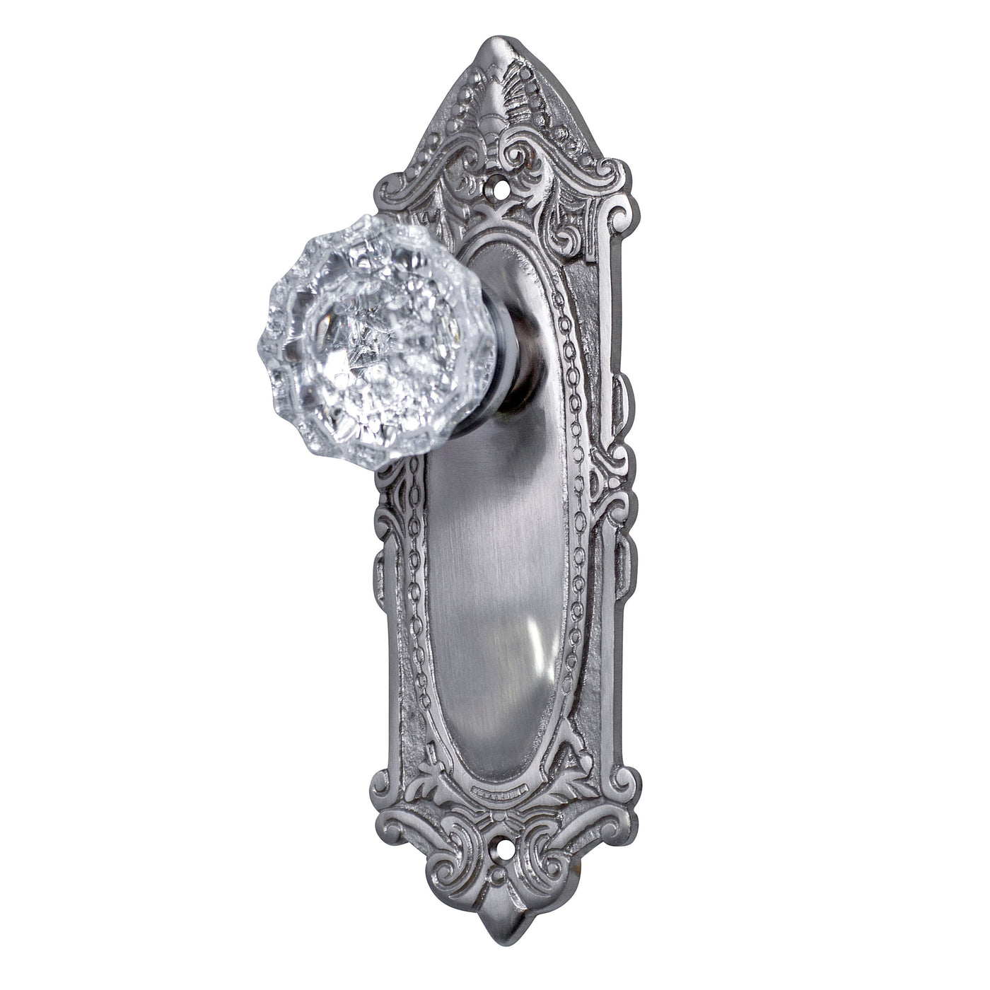 Ornate Victorian Long Backplate Door Set with Crystal Fluted Door Knobs (Several Finishes Available)