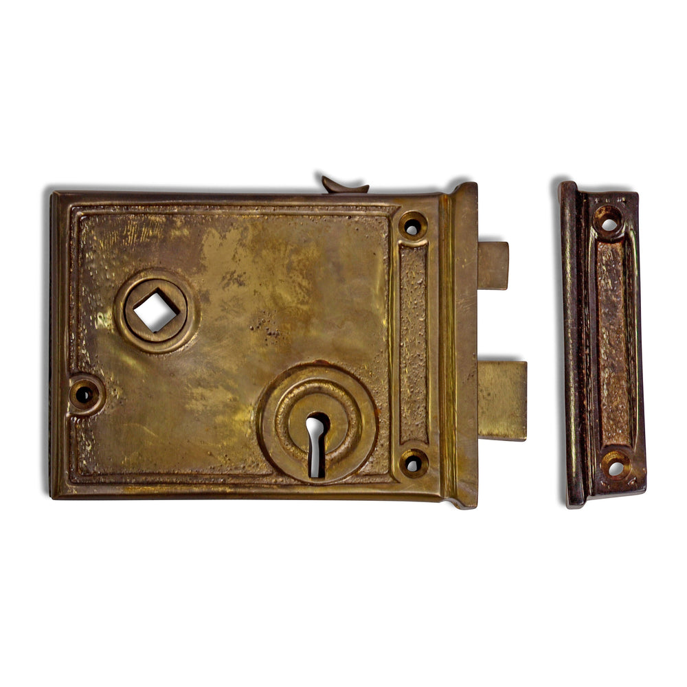 ##Antique Hardware## Rim Lock Set with Regency Fluted Glass Knob and Regular Rosette (Antique Brass Finish)