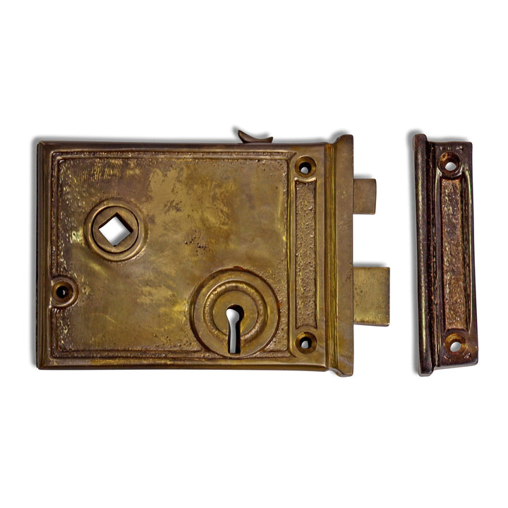 ##Antique Hardware## Rim Lock Set with Regency Fluted Glass Knob and Regular Rosette (Antique Brass Finish)