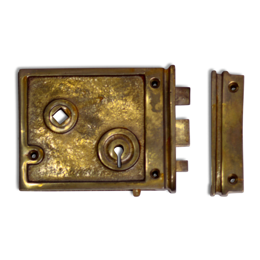 ##Antique Hardware## Double Locking Rim Lock Set with Regency Fluted Glass Knob and Regular Rosette (Antique Brass Finish)