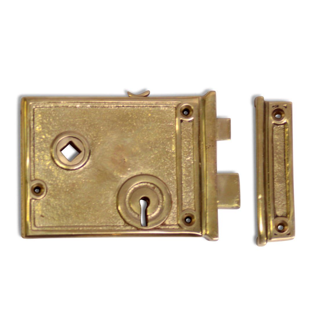 ##Antique Hardware## Rim Lock Set with Regency Fluted Glass Knob and Regular Rosette (Polished Brass Finish)