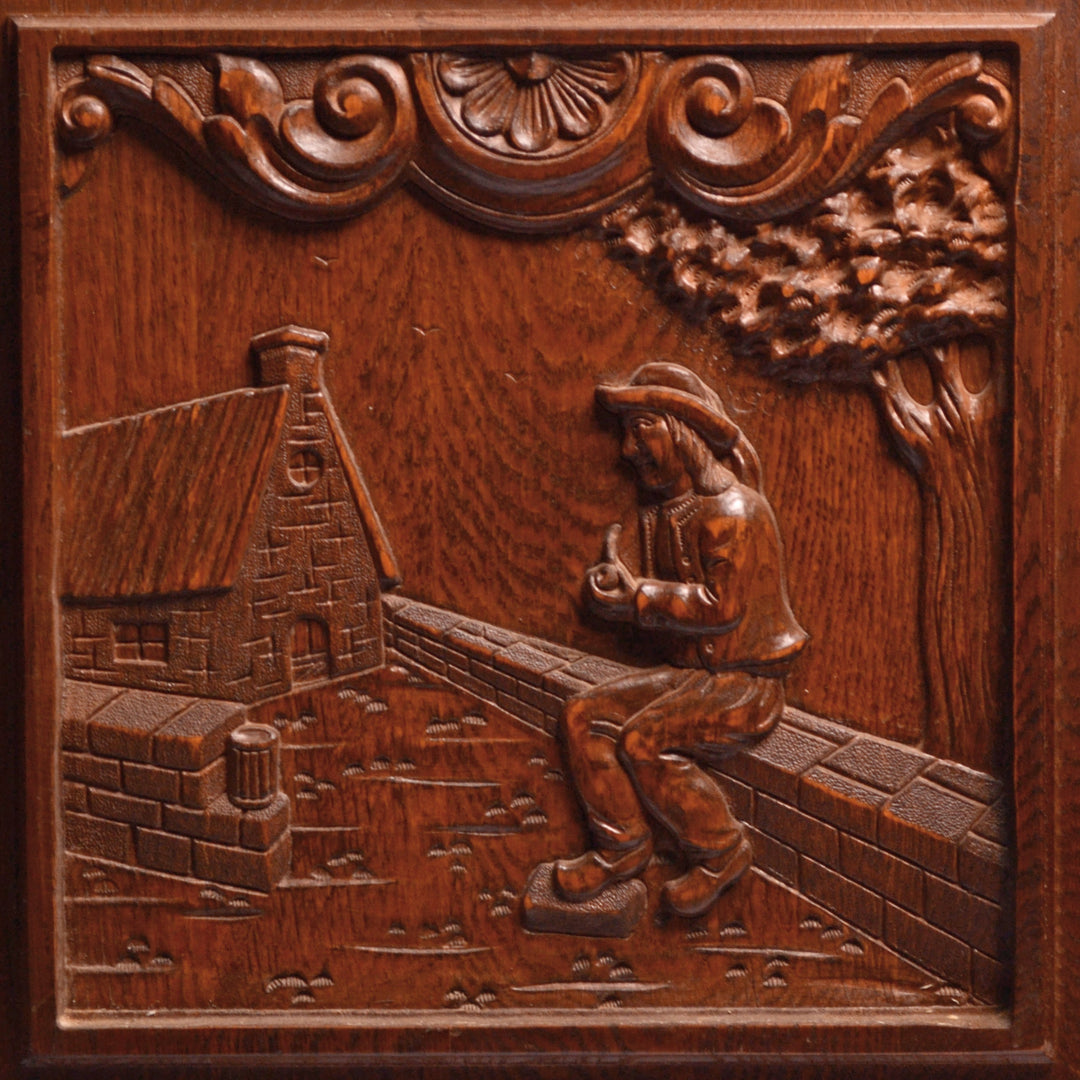 ##Antique Hardware## Wooden Oak Cabinet Doors with Carved Design (Pair)