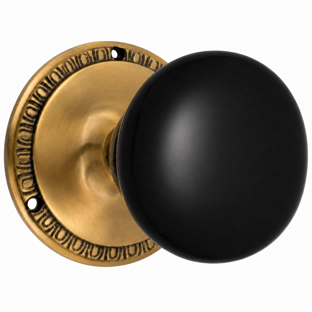 Traditional Egg & Dart Rosette Door Set with Black Porcelain Door Knobs (Several Finishes Available)