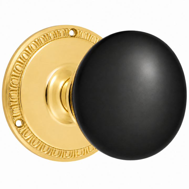 Traditional Egg & Dart Rosette Door Set with Black Porcelain Door Knobs (Several Finishes Available)