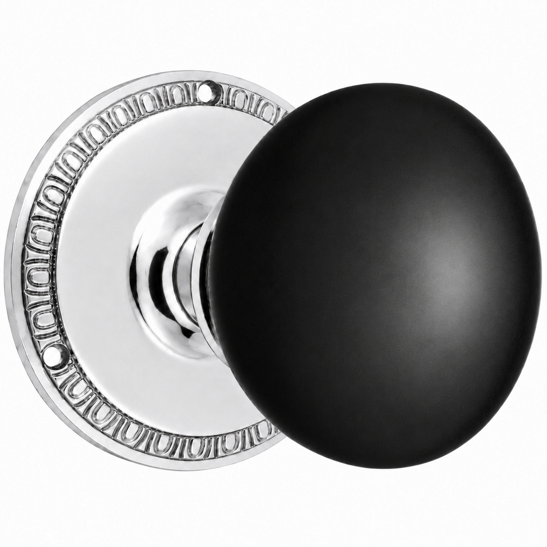 Traditional Egg & Dart Rosette Door Set with Black Porcelain Door Knobs (Several Finishes Available)