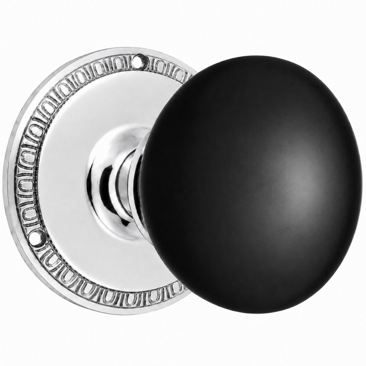 Traditional Egg & Dart Rosette Door Set with Black Porcelain Door Knobs (Several Finishes Available)