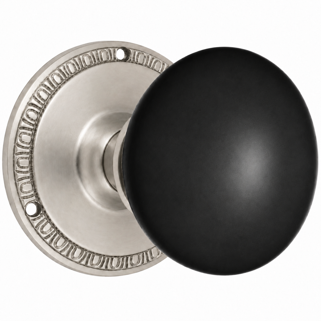Traditional Egg & Dart Rosette Door Set with Black Porcelain Door Knobs (Several Finishes Available)