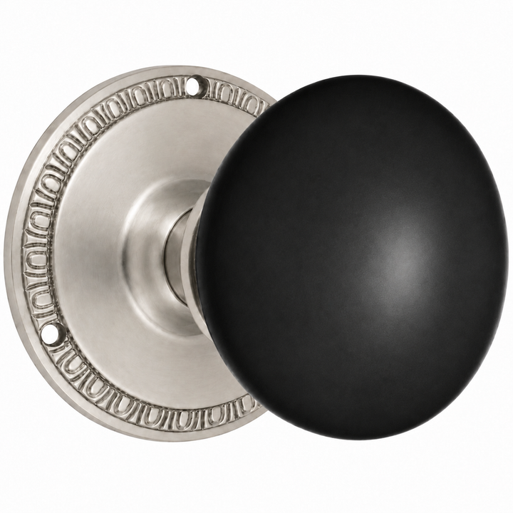 Traditional Egg & Dart Rosette Door Set with Black Porcelain Door Knobs (Several Finishes Available)