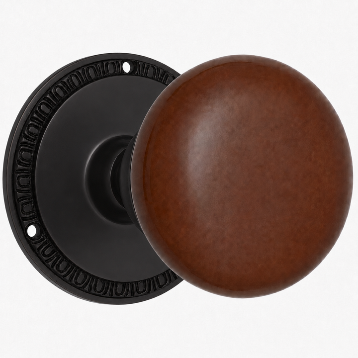 Traditional Egg & Dart Rosette Door Set with Brown Porcelain Door Knobs (Several Finishes Available)