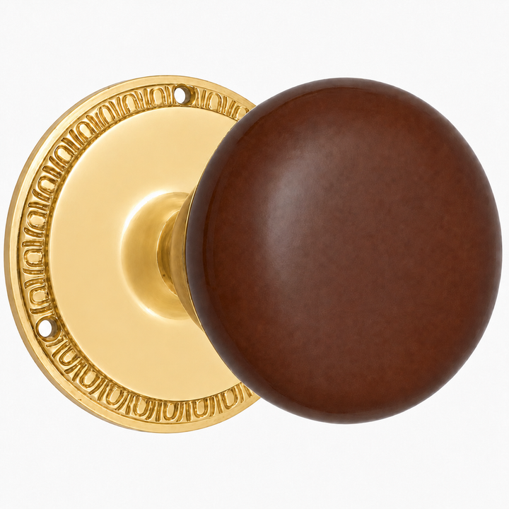 Traditional Egg & Dart Rosette Door Set with Brown Porcelain Door Knobs (Several Finishes Available)