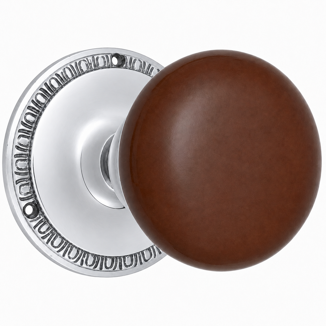 Traditional Egg & Dart Rosette Door Set with Brown Porcelain Door Knobs (Several Finishes Available)
