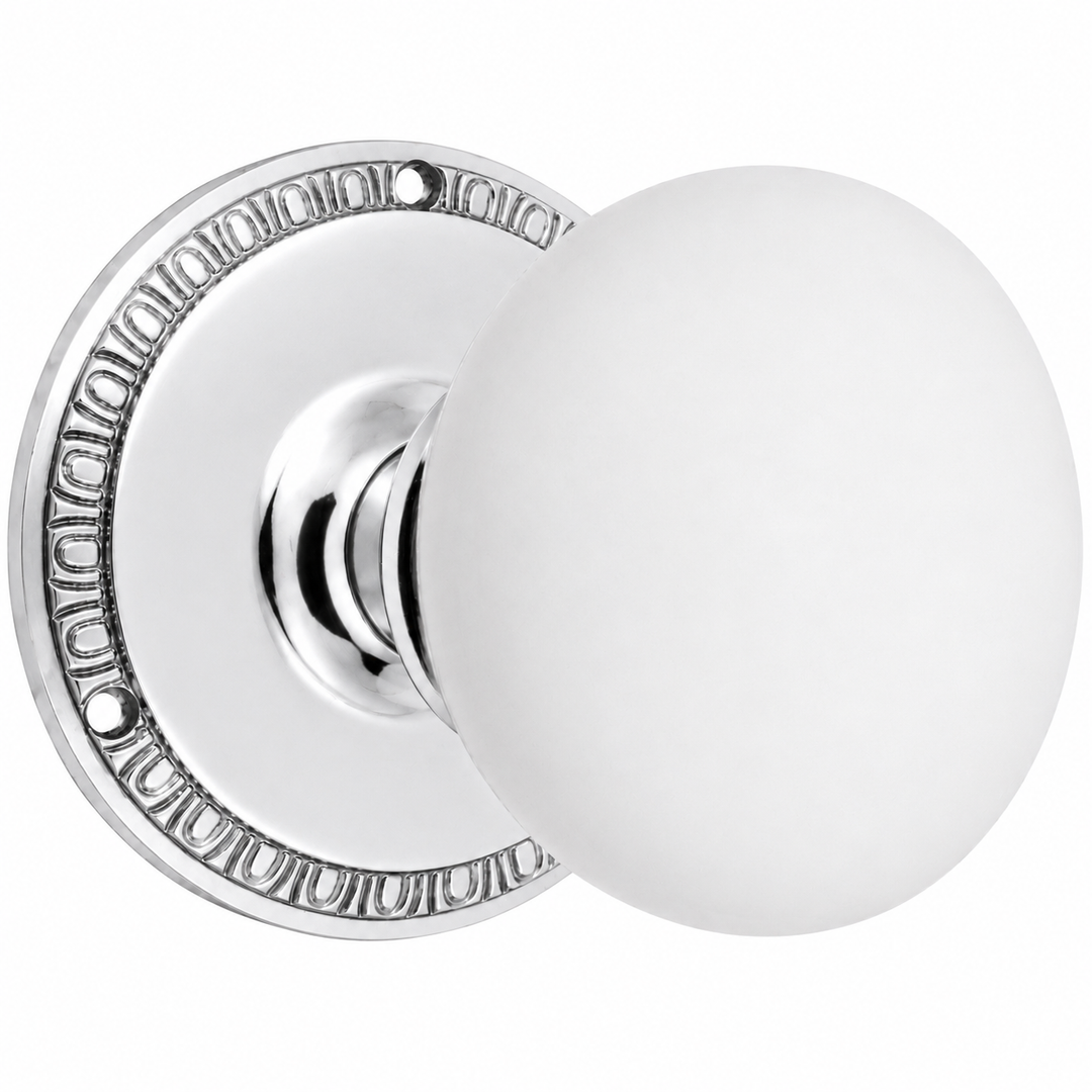 Traditional Egg & Dart Rosette Door Set with White Porcelain Door Knobs (Several Finishes Available)