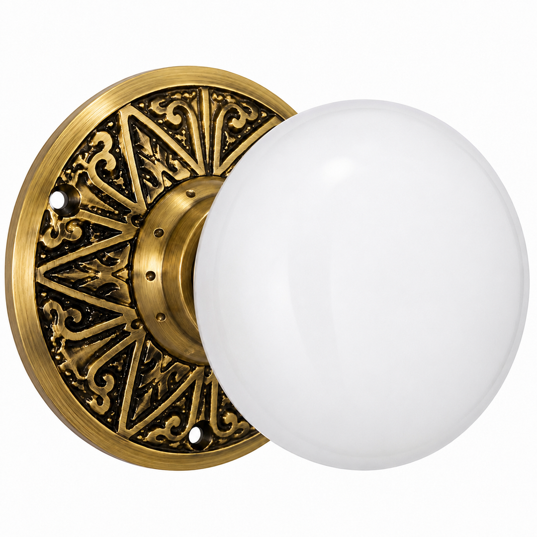 Eastlake Rosette Door Set with White Porcelain Door Knobs (Several Finishes Available)