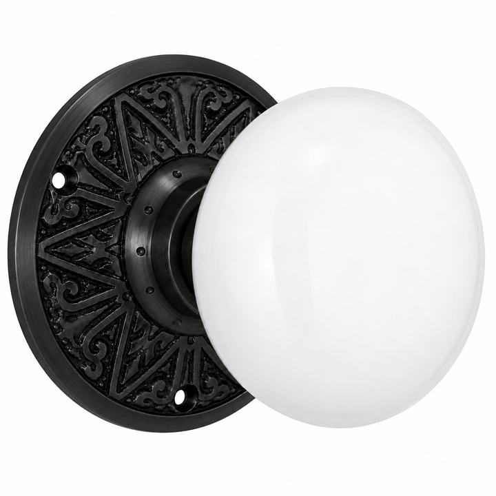 Eastlake Rosette Door Set with White Porcelain Door Knobs (Several Finishes Available)