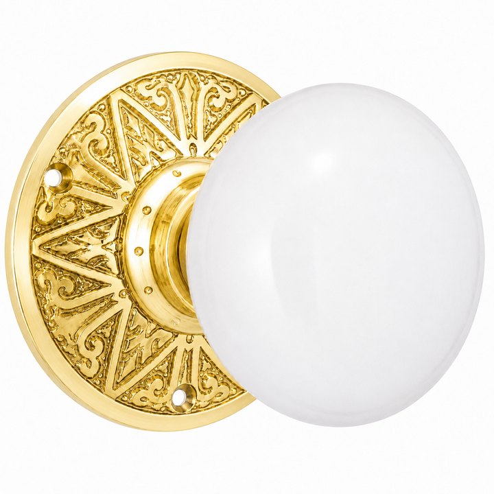 Eastlake Rosette Door Set with White Porcelain Door Knobs (Several Finishes Available)