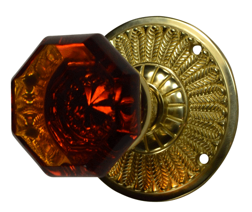 ##Antique Hardware## Feather Rosette Door Set with Amber Octagon Glass Door Knobs (Several Finishes Available)