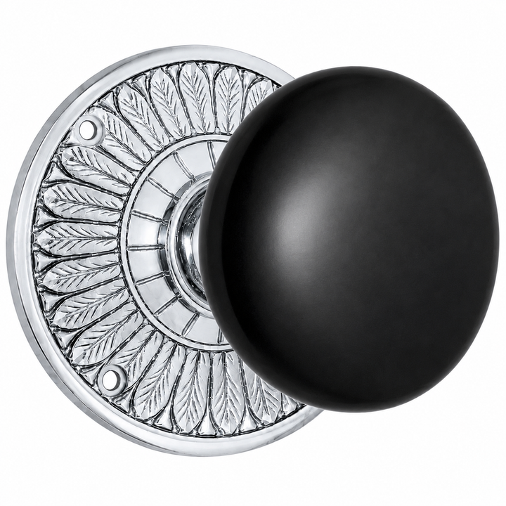 Feather Rosette Door Set with Black Porcelain Door Knobs (Several Finishes Available)