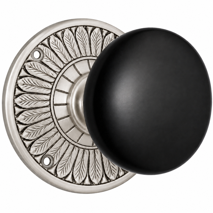 Feather Rosette Door Set with Black Porcelain Door Knobs (Several Finishes Available)