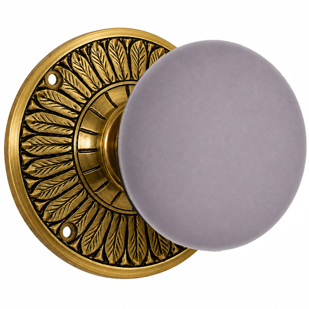 Grey Porcelain Door Knob with Brass Feathers Rosette (Several Finishes Available)