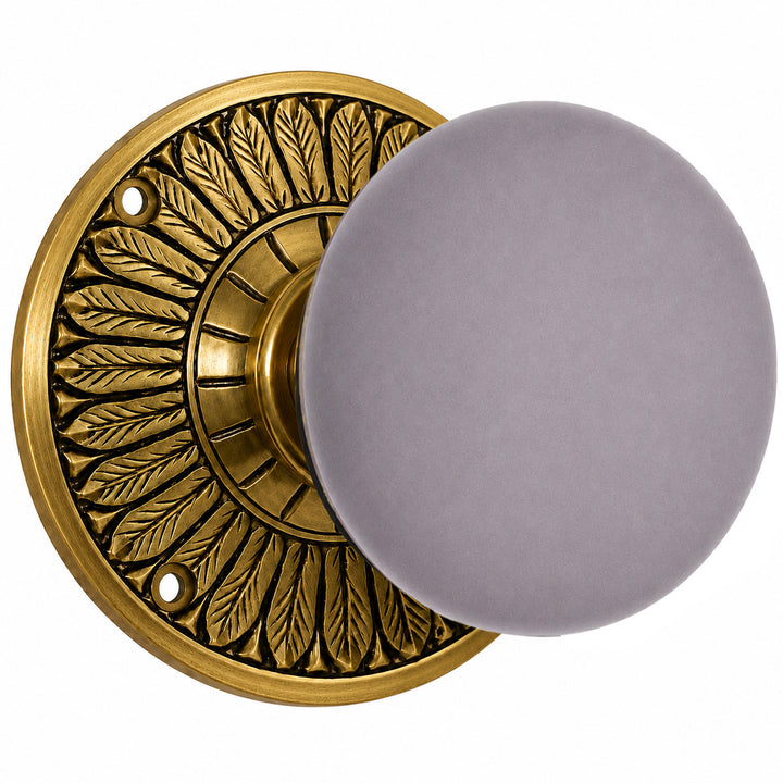 Grey Porcelain Door Knob with Brass Feathers Rosette (Several Finishes Available)