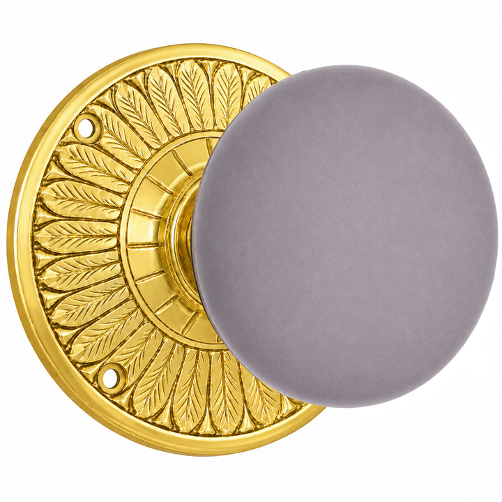 Grey Porcelain Door Knob with Brass Feathers Rosette (Several Finishes Available)