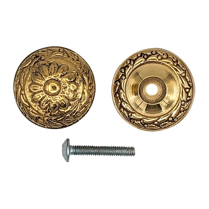 ##Antique Hardware## 1 1/4 Inch Ornate Floral Round Solid Brass Cabinet & Furniture Knob