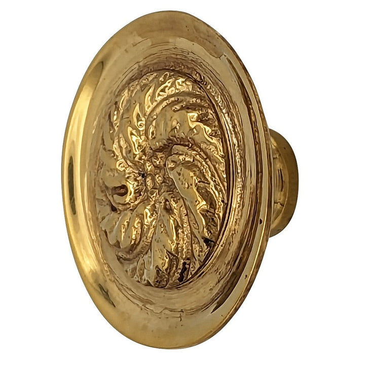 ##Antique Hardware## 1 4/5 Inch Solid Brass Round Floral Print Leaf Cabinet & Furniture Knob