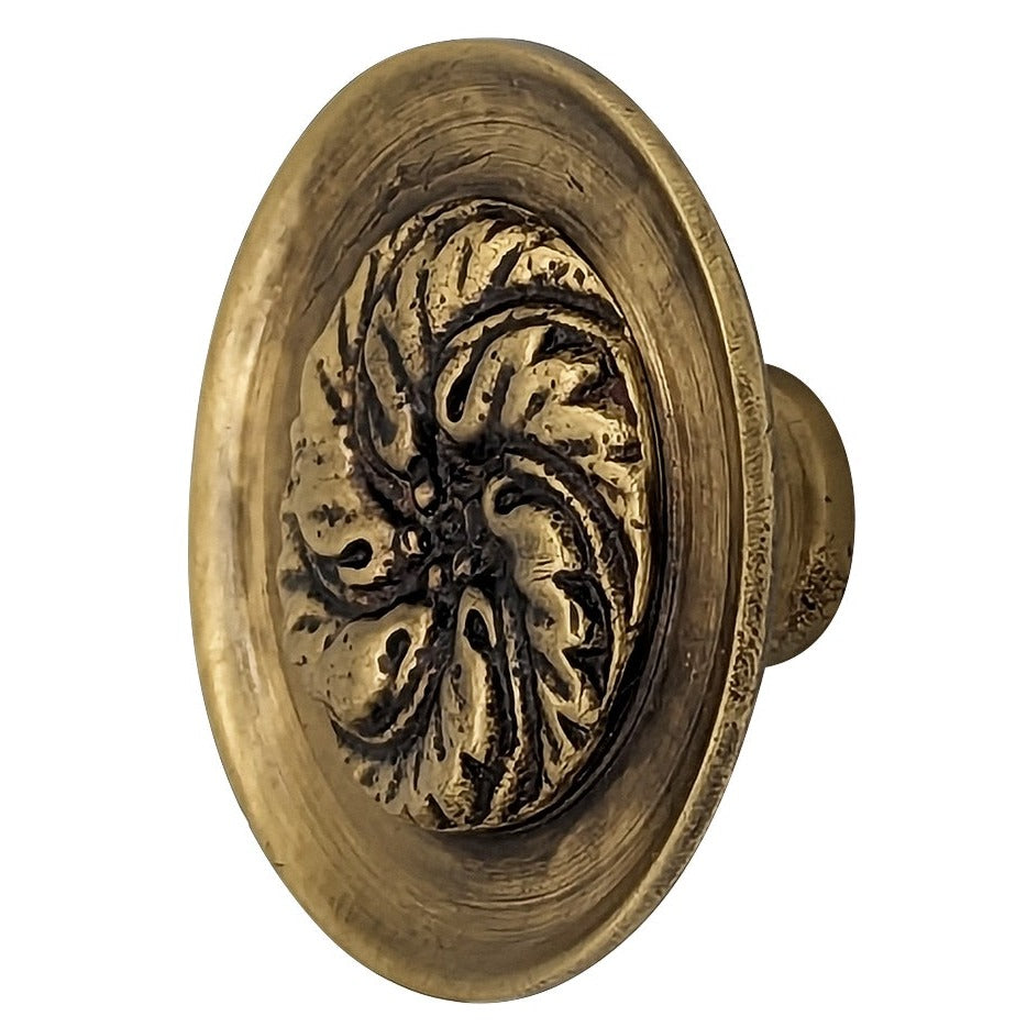 ##Antique Hardware## 1 4/5 Inch Solid Brass Round Floral Print Leaf Cabinet & Furniture Knob