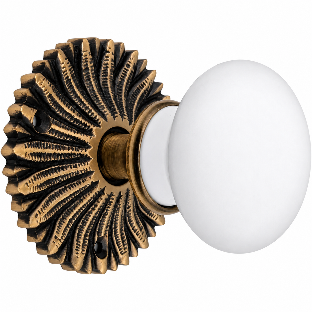 French Provincial Rosette Door Set with White Porcelain Door Knobs (Several Finishes Available)
