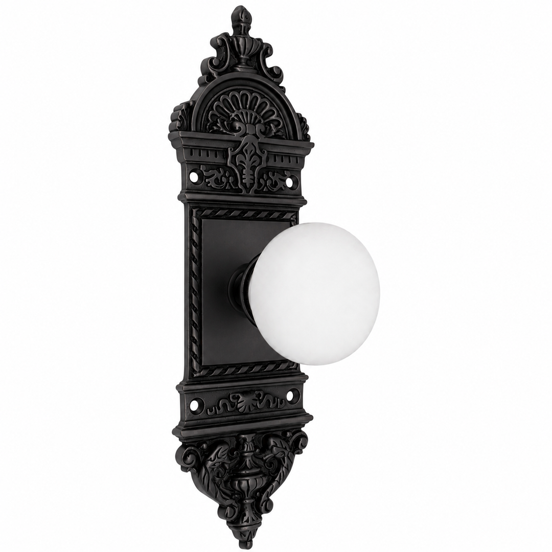 L'Enfant Small Backplate Door Set with White Porcelain Door Knobs (Several Finishes Available)
